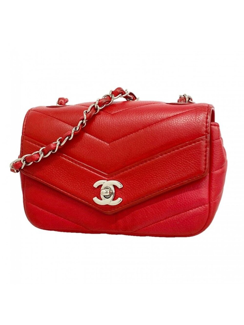 Chanel Shoulder Bag Stitch Chez Blanc Caviar Leather Red Silver